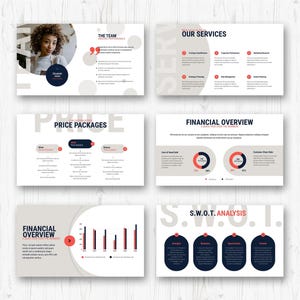 May include: A collection of business presentation slides with a light gray and white color scheme. The slides include sections titled "The Team", "Our Services", "Price Packages", "Financial Overview", and "S.W.O.T. Analysis". The design incorporates red accents and circular elements.