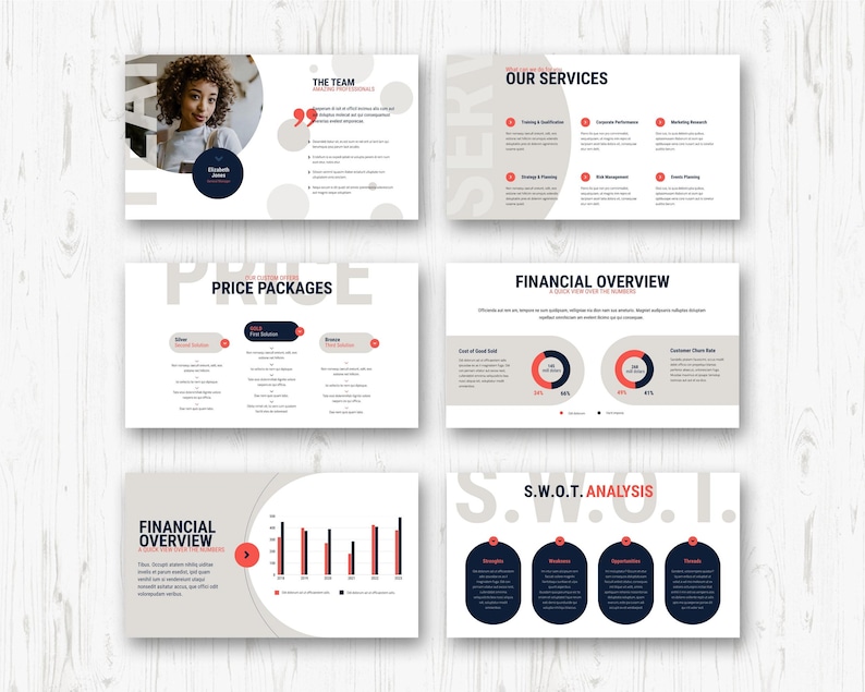 May include: A collection of business presentation slides with a light gray and white color scheme. The slides include sections titled "The Team", "Our Services", "Price Packages", "Financial Overview", and "S.W.O.T. Analysis". The design incorporates red accents and circular elements.