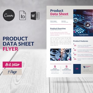Pode incluir: Um folheto de ficha técnica de produto cinza e branco com um cartão de visita azul e branco. O folheto tem um título que diz "Product Data Sheet Flyer" e o cartão de visita tem o texto "Business Name".