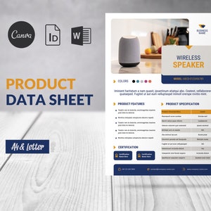 Productspecificatiebladsjabloon Canva, productgegevensblad Word bewerkbaar flyerontwerp, productverkoopblad marketingsjabloon