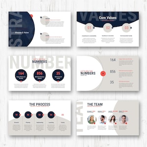 May include: A collection of business presentation slides with a clean, modern design. The slides feature titles like "Mission & Vision," "Core Values," and "Numbers," with accompanying text and graphics. The color scheme is primarily navy blue, white, and red.