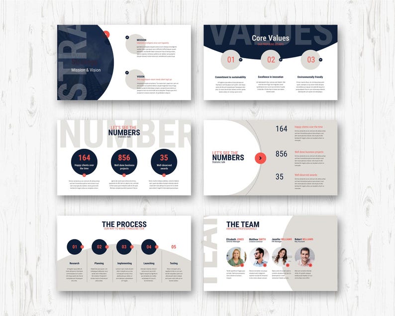 May include: A collection of business presentation slides with a clean, modern design. The slides feature titles like "Mission & Vision," "Core Values," and "Numbers," with accompanying text and graphics. The color scheme is primarily navy blue, white, and red.