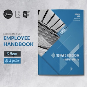 Może przedstawiać: Niebiesko-biała broszura biznesowa zatytułowana "Employee Handbook" z rokiem 2025. Nowoczesny design zawiera geometryczne kształty oraz tekst "16 Pages" i "A4 & Letter". Widoczne są również loga Canva, ID i W.