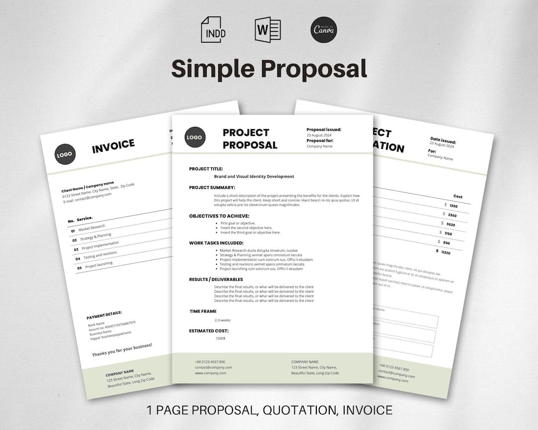 Minimal Project Plan Canva, Simple Proposal Word, Work Estimate Invoice ...