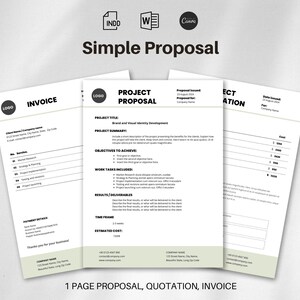 Pode incluir: Um modelo de proposta de projeto em preto e branco com o título "Simple Proposal" e o texto "1 PAGE PROPOSAL, QUOTATION, INVOICE".