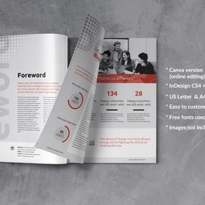 May include: A brochure with a red and white color scheme. The brochure features a photo of a group of people and text that reads "makes us different?" and "The secret of change is to focus all your energy not on fighting the old but on building the new." The brochure also includes a list of features, including "Canva version (online editing)", "InDesign CS4 + files", "US Letter & A4 size", "Easy to customize", "Free fonts used", and "Images not included!"