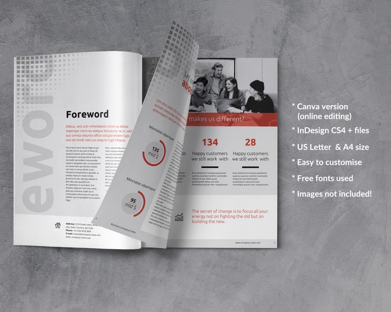 May include: A brochure with a red and white color scheme. The brochure features a photo of a group of people and text that reads "makes us different?" and "The secret of change is to focus all your energy not on fighting the old but on building the new." The brochure also includes a list of features, including "Canva version (online editing)", "InDesign CS4 + files", "US Letter & A4 size", "Easy to customize", "Free fonts used", and "Images not included!"