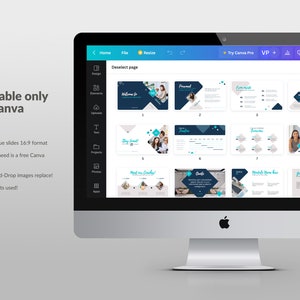 May include: A computer screen displaying a Canva presentation template with 24 unique slides in a 16:9 format. The slides feature a modern design with geometric shapes, blue and white colour scheme, and text placeholders. The text on the screen reads "Editable only in Canva", "24 Unique slides 16:9 format", "All you need is a free Canva account!", "Drag-and-Drop images replace!", and "Free fonts used!"