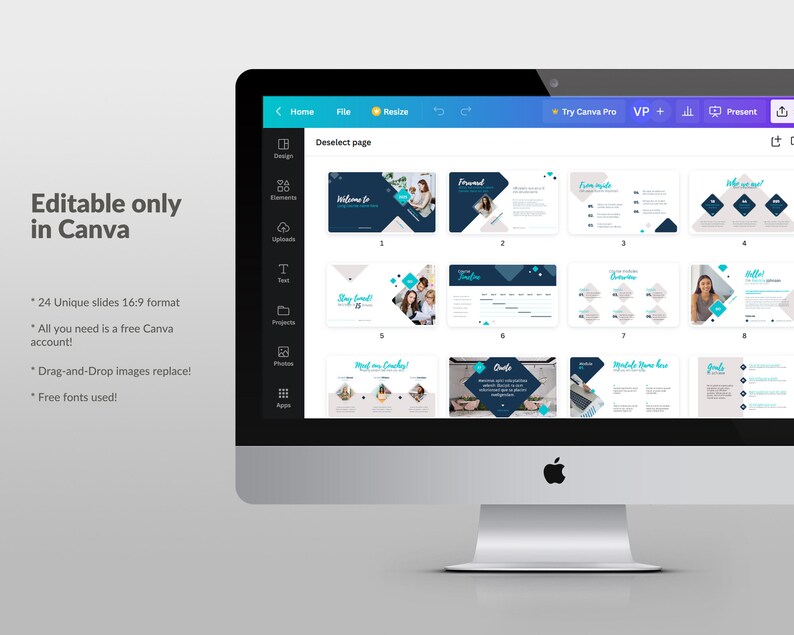 May include: A computer screen displaying a Canva presentation template with 24 unique slides in a 16:9 format. The slides feature a modern design with geometric shapes, blue and white colour scheme, and text placeholders. The text on the screen reads "Editable only in Canva", "24 Unique slides 16:9 format", "All you need is a free Canva account!", "Drag-and-Drop images replace!", and "Free fonts used!"