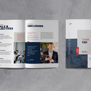 May include: A blue and white financial report with the title "Financial Report 2026" and the text "Thank You!" in red. The report was created by Robert William.