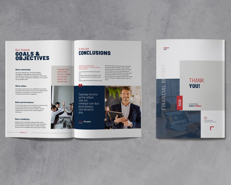 May include: A blue and white financial report with the title "Financial Report 2026" and the text "Thank You!" in red. The report was created by Robert William.