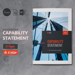 May include: A brochure for business use, titled "CAPABILITY STATEMENT". The cover design includes a skyscraper image and a black and red text box. The brochure has 16 pages and is available in A4 and Letter sizes.
