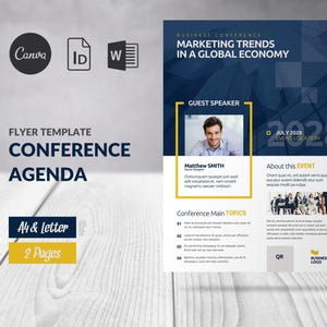 Op de afbeelding: Een flyer sjabloon voor een zakelijke conferentie agenda. Het ontwerp bevat de tekst "Marketing Trends in a Global Economy" en "Conference Agenda". Het bevat een foto van een gastspreker, evenementdetails en een QR-code. De flyer is beschikbaar in A4- en Letter-formaten, met 2 pagina's.