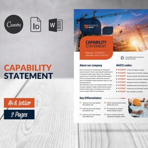 Puede incluir: Una plantilla de declaración de capacidad azul y naranja con una imagen de un sitio de construcción en el fondo. El documento incluye un nombre comercial, fecha, número de caso, información de la empresa, códigos NAICS, diferenciadores clave e información de contacto.