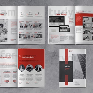 May include: A brochure with a red and white color scheme. The brochure features a company's website case study, testimonials, and a team of people. The brochure also includes pricing information for graphic design, development, and social media campaigns.