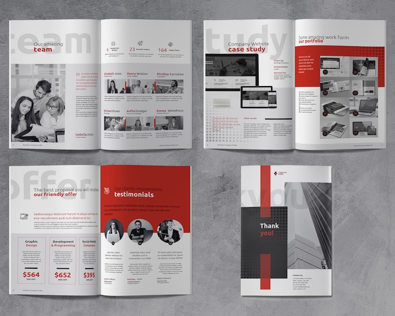 May include: A brochure with a red and white color scheme. The brochure features a company's website case study, testimonials, and a team of people. The brochure also includes pricing information for graphic design, development, and social media campaigns.