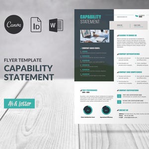 Peut inclure: Modèle de flyer "Capability Statement" avec un schéma de couleurs turquoise et gris. La conception comprend des icônes pour Canva, ID et Word, ainsi que des sections pour les informations sur l'entreprise et les mesures de performance. Le flyer est conçu pour les formats A4 et Letter.