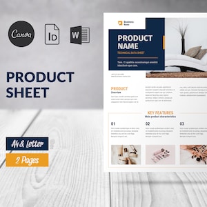 Könnte beinhalten: Eine Produktblattvorlage mit einem blauen und gelben Farbschema. Die Vorlage enthält einen Produktnamen, ein technisches Datenblatt, eine Produktübersicht, wichtige Merkmale und Produkteigenschaften. Die Vorlage ist für Papier im Format A4 und Letter konzipiert und umfasst zwei Seiten.