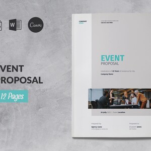 May include: A gray and white event proposal cover page with the text "EVENT PROPOSAL" in a large, bold font. The text "Celebration of 20 Years of existence for the Company Name" is below the title. The page also includes a photo of a group of people in a meeting.