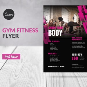 Puede incluir: Un folleto de fitness de gimnasio negro y rosa con el texto "Shape Your Body" y "Why Join Our Membership?"  El folleto enumera servicios como Zumba, CrossFit, pérdida de peso, artes marciales, culturismo y entrenamiento cardiovascular. También enumera instalaciones como descuentos para miembros, entrenador personal, planificador de fitness, taquilla personal, equipos modernos y duchas. El folleto incluye el texto "Join Now 60€ Membresía mensual/persona".