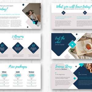 May include: A presentation slide deck with a blue and white colour scheme. The slides feature text about learning, reasons to choose a company, price packages, and a success story. The slides also include images of a woman, a book, and a cup of tea.