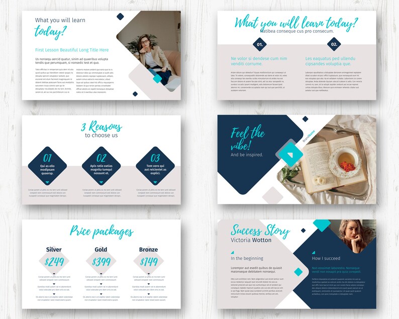May include: A presentation slide deck with a blue and white colour scheme. The slides feature text about learning, reasons to choose a company, price packages, and a success story. The slides also include images of a woman, a book, and a cup of tea.