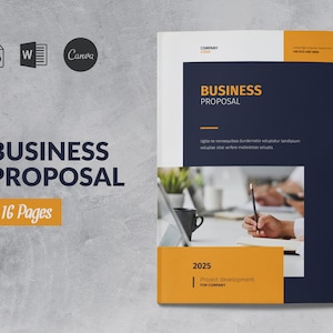 May include: A blue and yellow business proposal cover with the text "BUSINESS PROPOSAL" in large, bold, black letters. The cover also includes the text "16 Pages" in a smaller, yellow font. The background image shows a person writing in a notebook at a desk.
