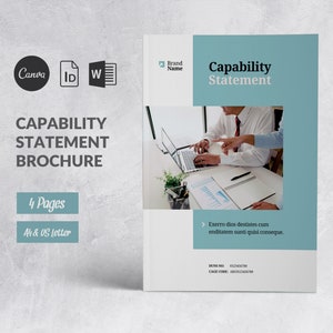 May include: A blue and white capability statement brochure with a photo of two people working on a laptop. The text on the brochure reads "Capability Statement" and "Exerro dios destistes cum enditatem sunti quisi conseque."