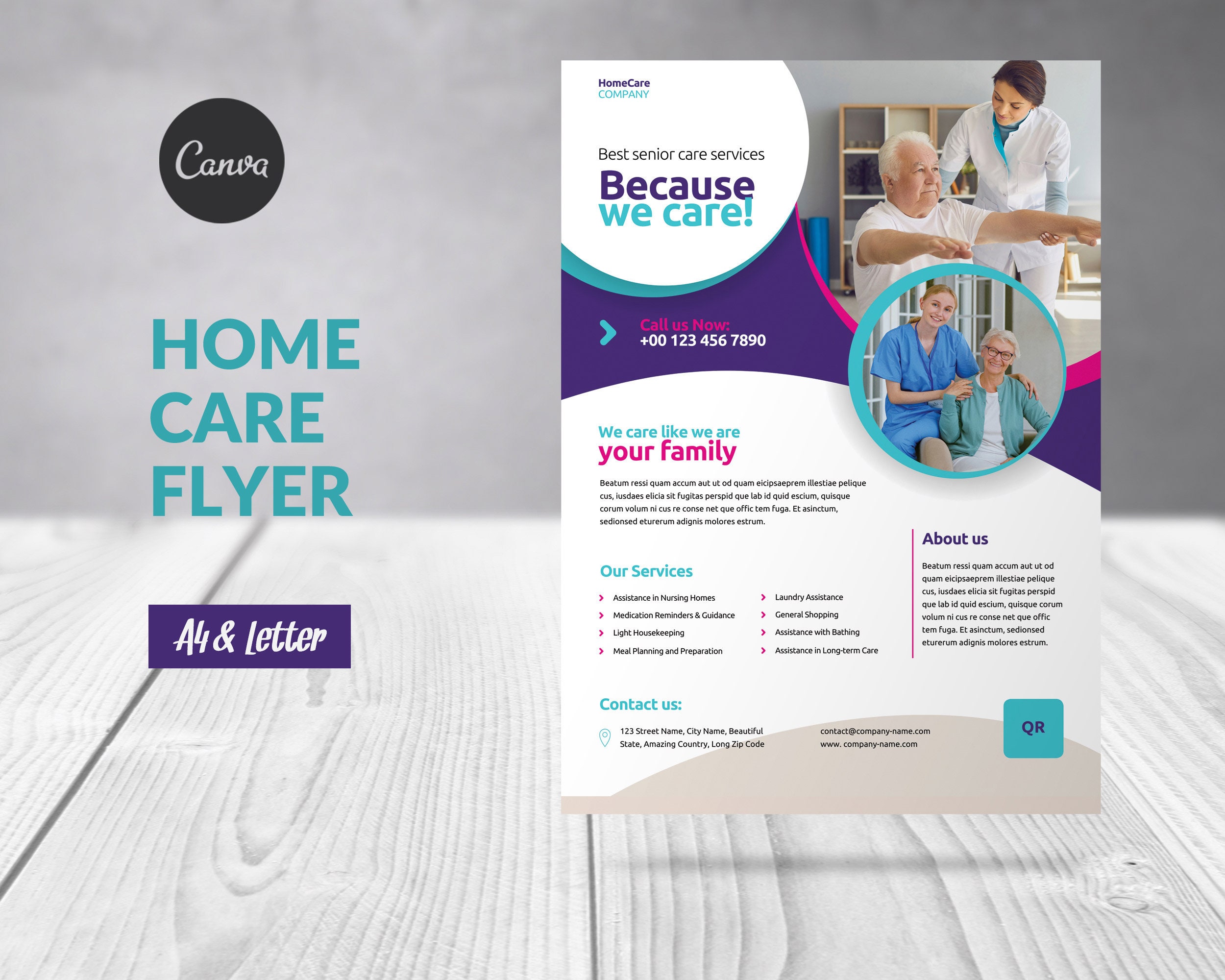 Home Care Service Flyer Canva bearbeitbar, Seniorenpflege Flyer Vorlage, Unterstützung der häuslichen Gesundheitspflege, Alterspflege Poster, Pflegeheim Flyer