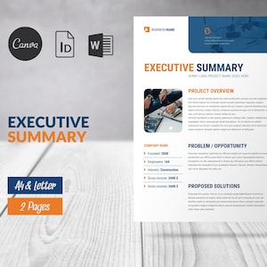 May include: A white executive summary template with blue and orange accents. The template includes sections for project overview, problem/opportunity, and proposed solutions. The template also includes company information such as founded date, number of employees, industry, and gross income. The template is designed for A4 and letter size paper and is two pages long.