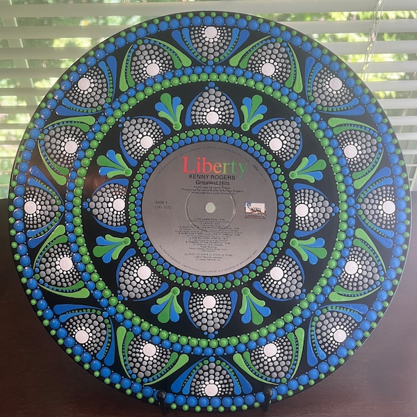 Vinyl Art, Hand Painted Dot Art Mandala on Classic Vinyl LP, Kenny Rogers Greatest Hits, Capitol Records, Music Lover Gift, blue and green