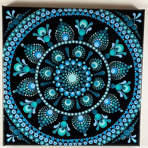 Dot Art Mandala, 8x8 inch square stretched canvas - aqua and turquoise on black background
