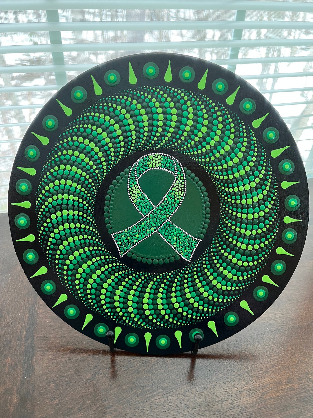 Dot Art Mandala, 10 Inch Acrylic Painting on Wooden Round - Green ...