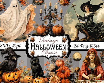 24 Vintage Halloween Clipart, PNG Instant Download, Commercial Use, Fun Downloads, Scrapbook, Junk Journal, Stickers, Sublimation, Mugs
