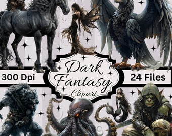 24 Dark Fantasy Clipart, PNG, sofortiger Download, kommerzielle Nutzung, Gothic, lustige Downloads, Scrapbook, Junk Journal, Aufkleber, Sublimation, Tassen