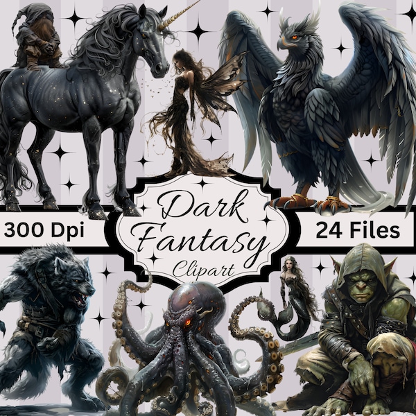 24 Dark Fantasy Clipart, PNG Instant Download, Commercial Use, Gothic, Fun Downloads, Scrapbook, Junk Journal, Stickers, Sublimation, Mugs