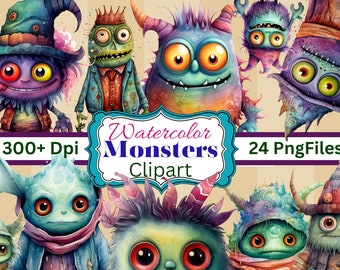 May include: A set of 24 watercolour monster clipart images. The monsters are colourful and whimsical, with a variety of expressions and features. The images are 300+ DPI and are perfect for use in digital projects.