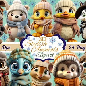 Set mit 24 süßen 3D-Tieren - 3D-Clipart-PNG-Dateien, lustige digitale Downloads 3D-Tiere, digitale Wandkunst, Sublimationsdrucke T-Shirts, Tassen, mehr