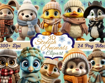 May include: A set of 24 digital clipart images featuring cute cartoon animals wearing winter hats and scarves. The animals include a bunny, bear, chick, duck, squirrel, monkey, owl, and bird. The images are 300+ DPI and are perfect for adding a touch of whimsy to your winter projects.