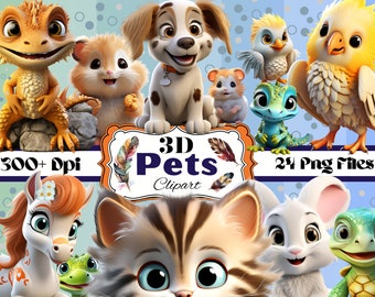 Könnte beinhalten: Ein Set mit 24 digitalen Clipart-Bildern mit 3D-Cartoon-Tieren, darunter eine Katze, ein Hund, ein Pferd, ein Hamster, ein Vogel, ein Eidechse und eine Schildkröte. Die Bilder sind in hoher Auflösung, 300+ dpi, und perfekt für Bastelprojekte, Scrapbooking und digitales Design.