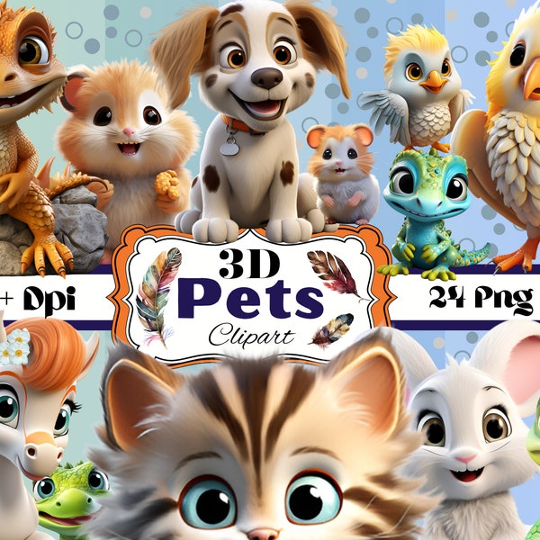 Ensemble de 24 fichiers PNG 3D pour animaux de compagnie, téléchargements numériques amusants, animaux mignons 3D, art mural numérique, sublimation, impressions, t-shirts, tasses, plus