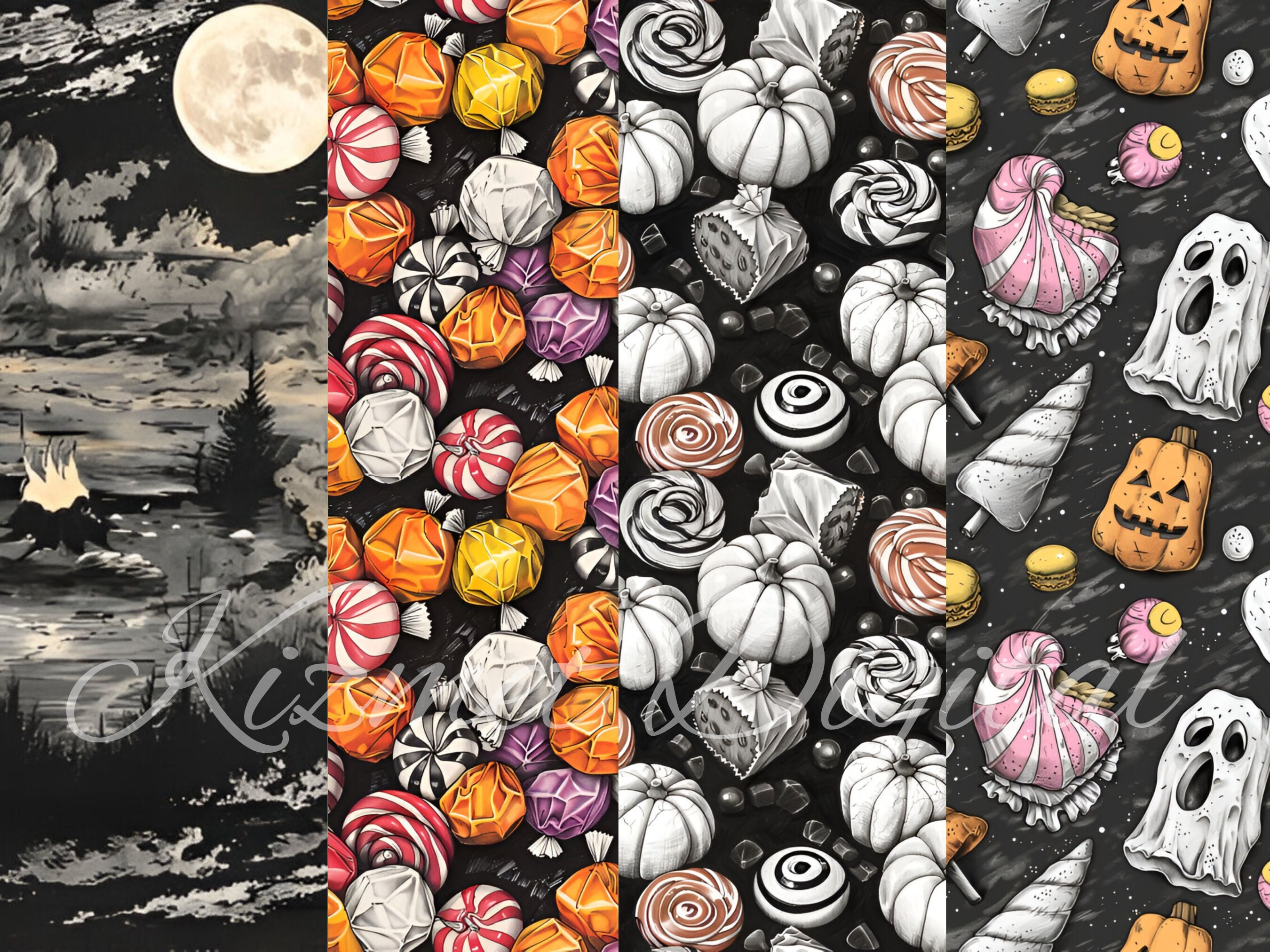 24 Black and White Halloween Seamless Patterns, Spooky, 12x12 Digital ...