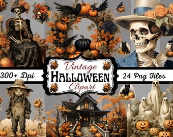 24 Vintage Halloween Clipart, PNG Instant Download, Commercial Use, Fun Downloads, Scrapbook, Junk Journal, Stickers, Sublimation, Mugs