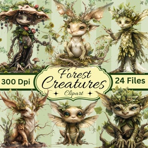 May include: A set of 24 digital illustrations of whimsical forest creatures. The creatures are depicted in various poses and expressions, with intricate details and a whimsical style. The illustrations are perfect for adding a touch of magic to your projects.