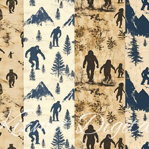 May include: A seamless pattern featuring a silhouette of Bigfoot in various poses, including walking, standing, and holding a small Bigfoot. The background is a distressed, vintage-style beige with brown and blue accents. The pattern is perfect for fabric, wallpaper, or other creative projects.
