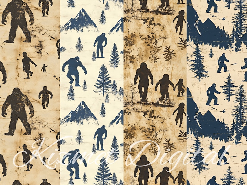 May include: A seamless pattern featuring a silhouette of Bigfoot in various poses, including walking, standing, and holding a small Bigfoot. The background is a distressed, vintage-style beige with brown and blue accents. The pattern is perfect for fabric, wallpaper, or other creative projects.