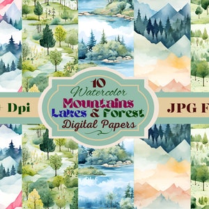 May include: A set of 10 digital papers featuring watercolor illustrations of mountains, lakes, and forests. The papers are 300+ DPI and are available as JPG files.  The text "10 Watercolor Mountains Lakes & Forest Digital Papers" is displayed on a banner.