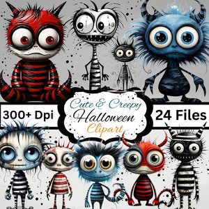 24 süße & gruselige Halloween Monster Clipart, PNG sofortiger Download, kommerzielle Nutzung, Spaß, Scrapbook, Junk Journal, Aufkleber, Sublimation, Tassen