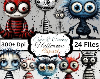 24 Cute & Creepy Halloween Monsters Clipart, PNG Instant Download, Commercial Use, Fun, Scrapbook, Junk Journal, Stickers, Sublimation, Mugs