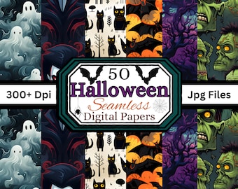 50 Halloween Seamless Patterns Bundle, 12x12 Digital Papers, Sublimation, Fabric, Scrapbook, Junk Journal, Backgrounds, Fun Downloads, Jpg